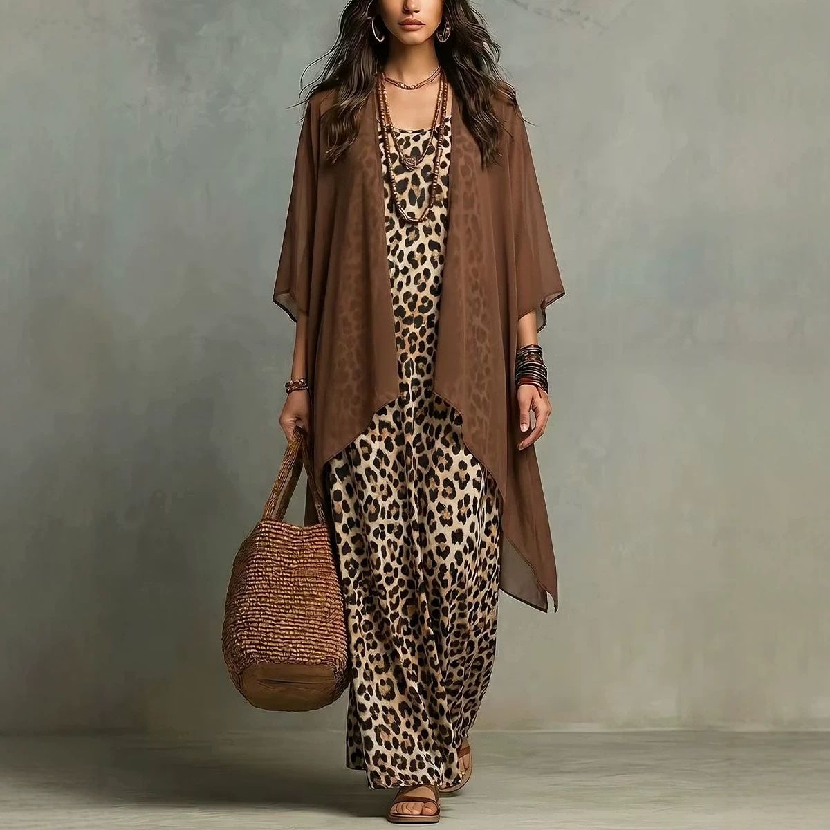 Dress Pant Flat Front - Set Gaun Maxi Motif Leopard Wanita,